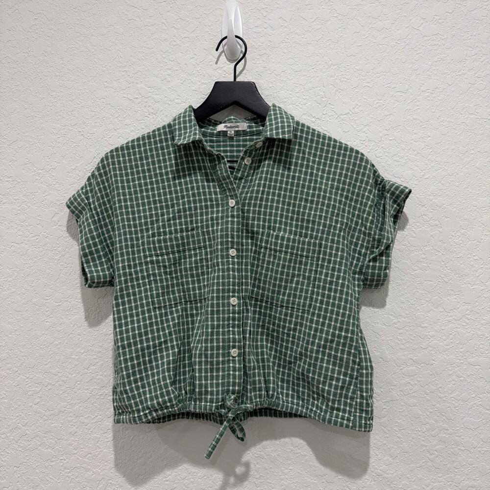 Madewell Button Up Drawstring Shirt Yarn Dyed Plaid Yd Dobby Trellis Green Sz XS